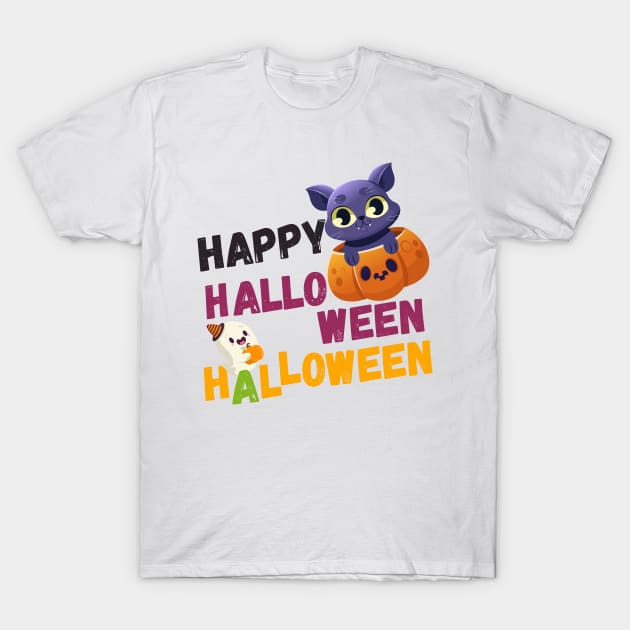 Happy Halloween Kitty - Cute Cat And Ghost T-Shirt by iconking